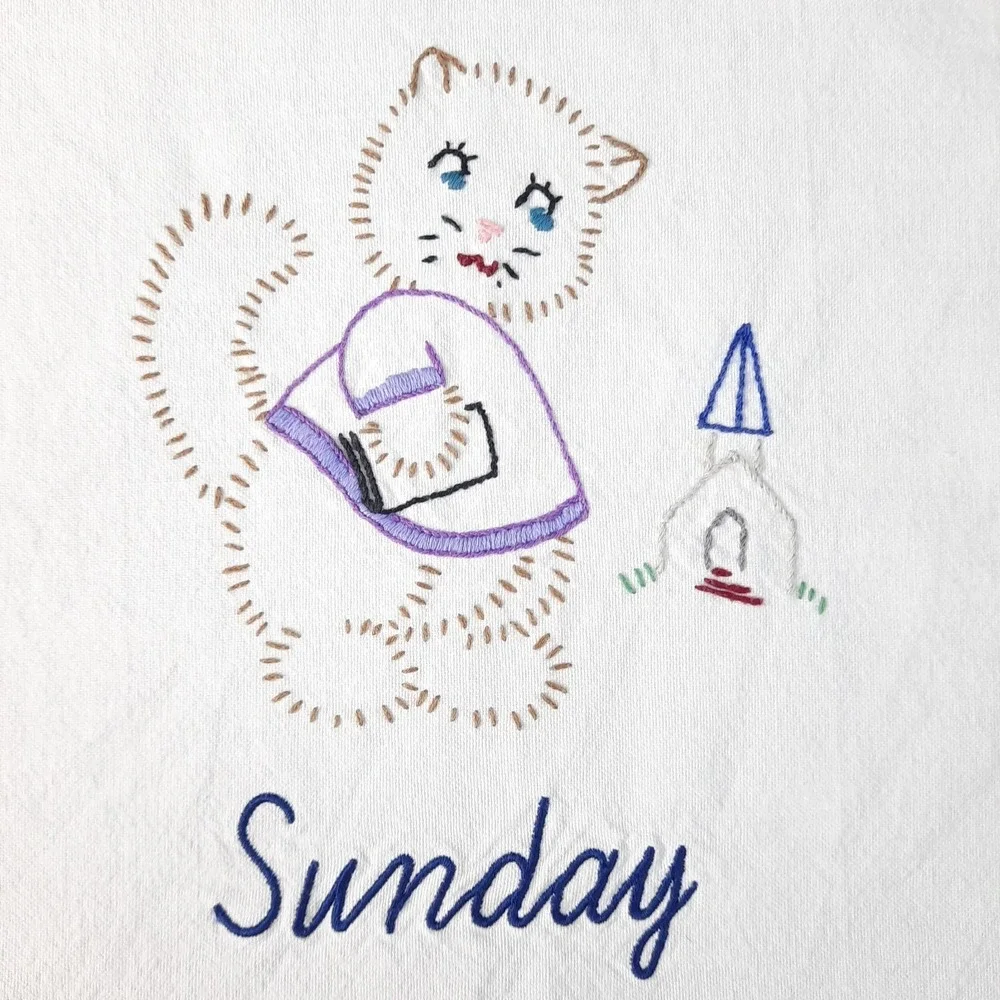 Vintage Cat Tea Towel Kitchen Embroidered Sunday Kitty‎ Church Day of the Week
